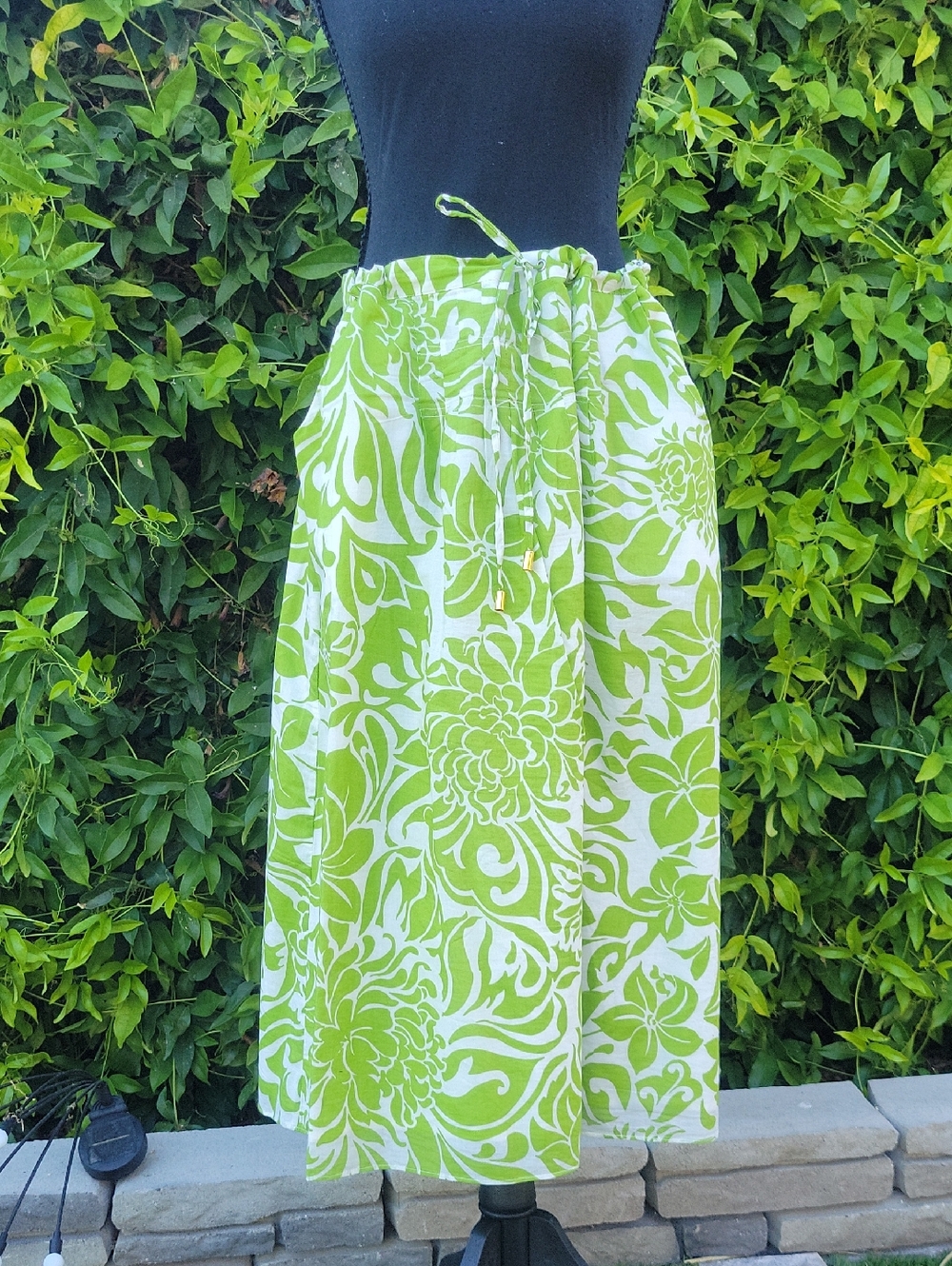 Green and White 100% Cotton Tropical Floral Flowy Skirt